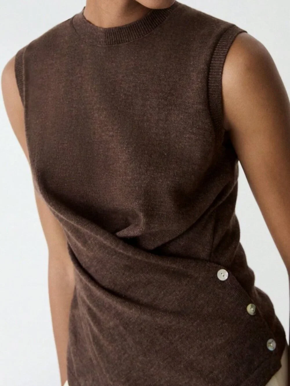 Coffee Brown Casual Women's Elegant Soft Pullover Side Button Knit Top